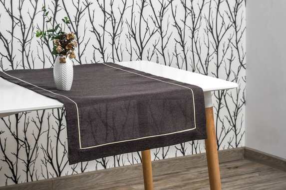 40x140 cm bieżnik imitujący len grafitowy z ecru lamówką (002-11) (1)