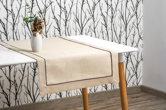 40x140 cm bieżnik imitujący len CAPPUCCINO z brązową lamówką (002-11) (1)