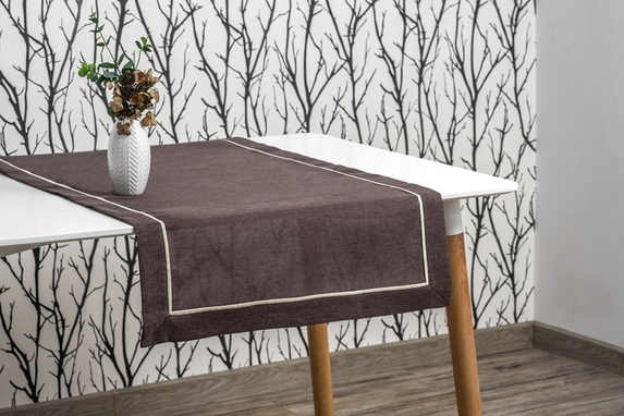 40x160 cm bieżnik imitujący len BRĄZOWY z ecru lamówką (002-13) (1)