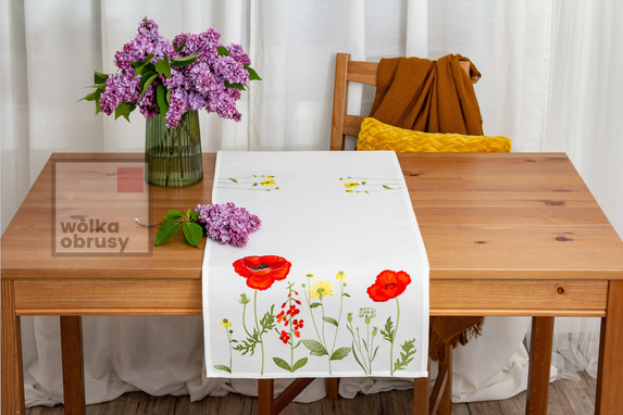 40x140 cm bieżnik imitujący len maki na białym (721-51-25) (1)