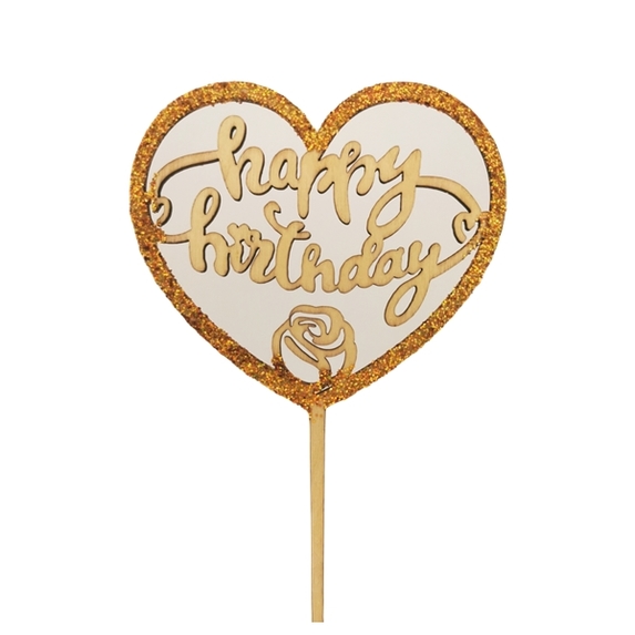 Topper na tort HAPPY BIRTHDAY złote serce (gd4-2.5) (1)