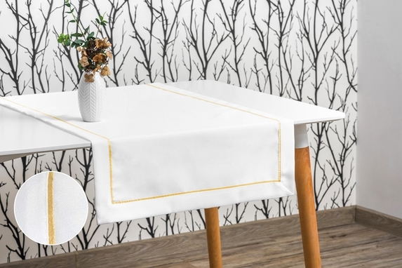 60x120 cm obrus  imitujący len BIAŁY ZE ZŁOTĄ LAMÓWKA (002-13) (1)