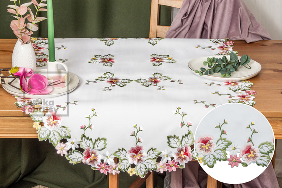 80X140 cm obrus haftowany BIAŁY W RÓŻOWE BRATKI (18020-38) (1)